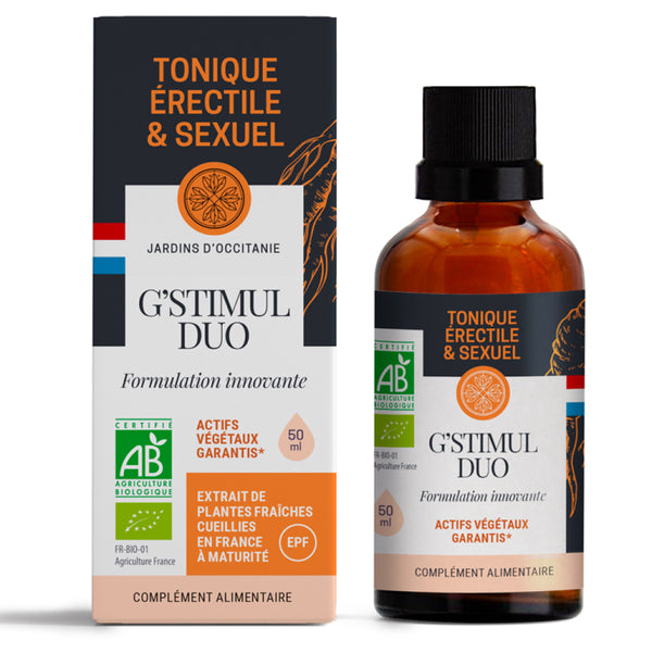 G’STIMUL DUO BIO des Jardins d’Occitanie est un complément alimentaire&nbsp;qui aide à induire l’érection et à maintenir de bonnes performances sexuelles. Il est formulé à base de racines et de baies de Ginseng rouge bio de très haute qualité.